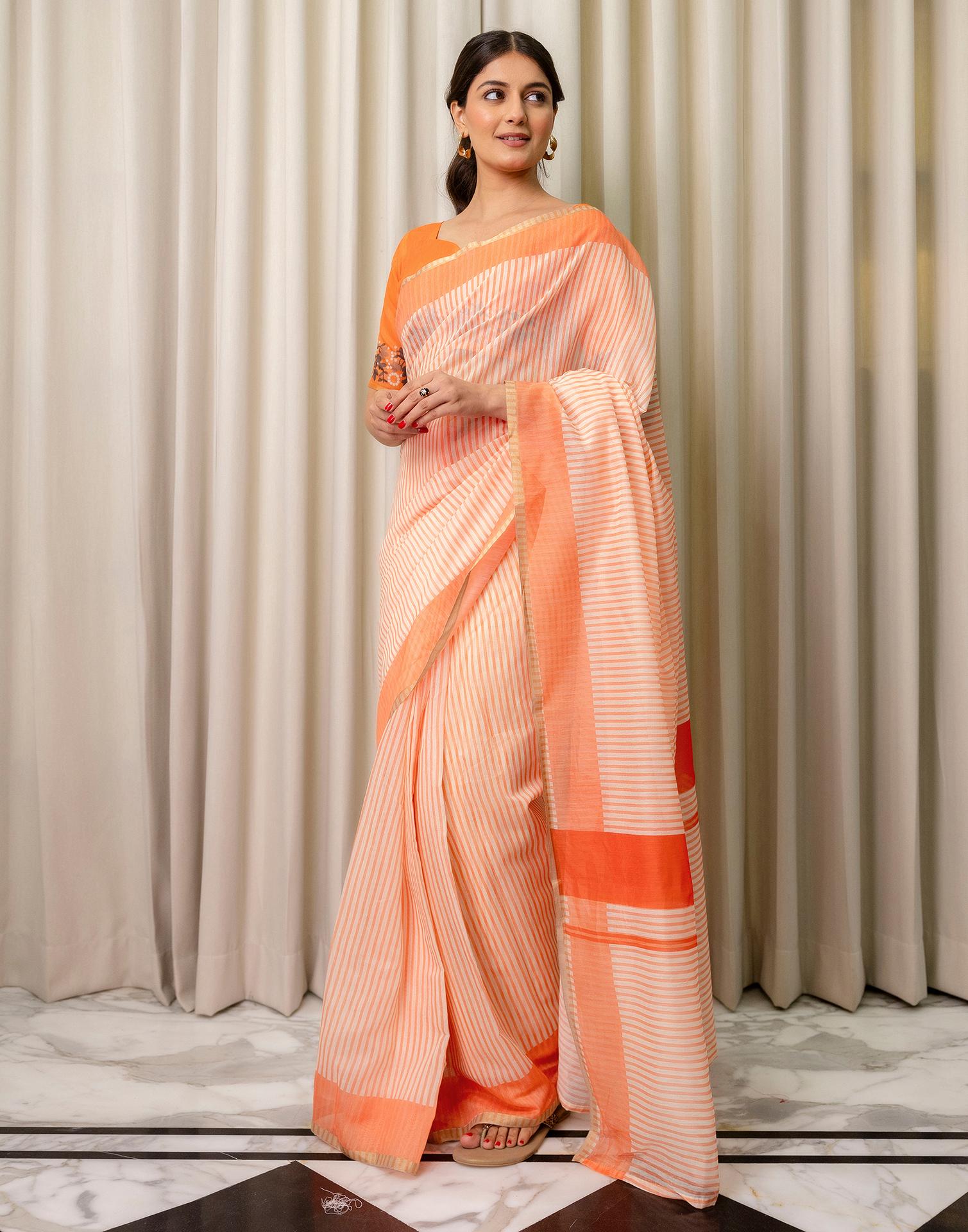 Ready To Wear Off White Linen Printed Saree