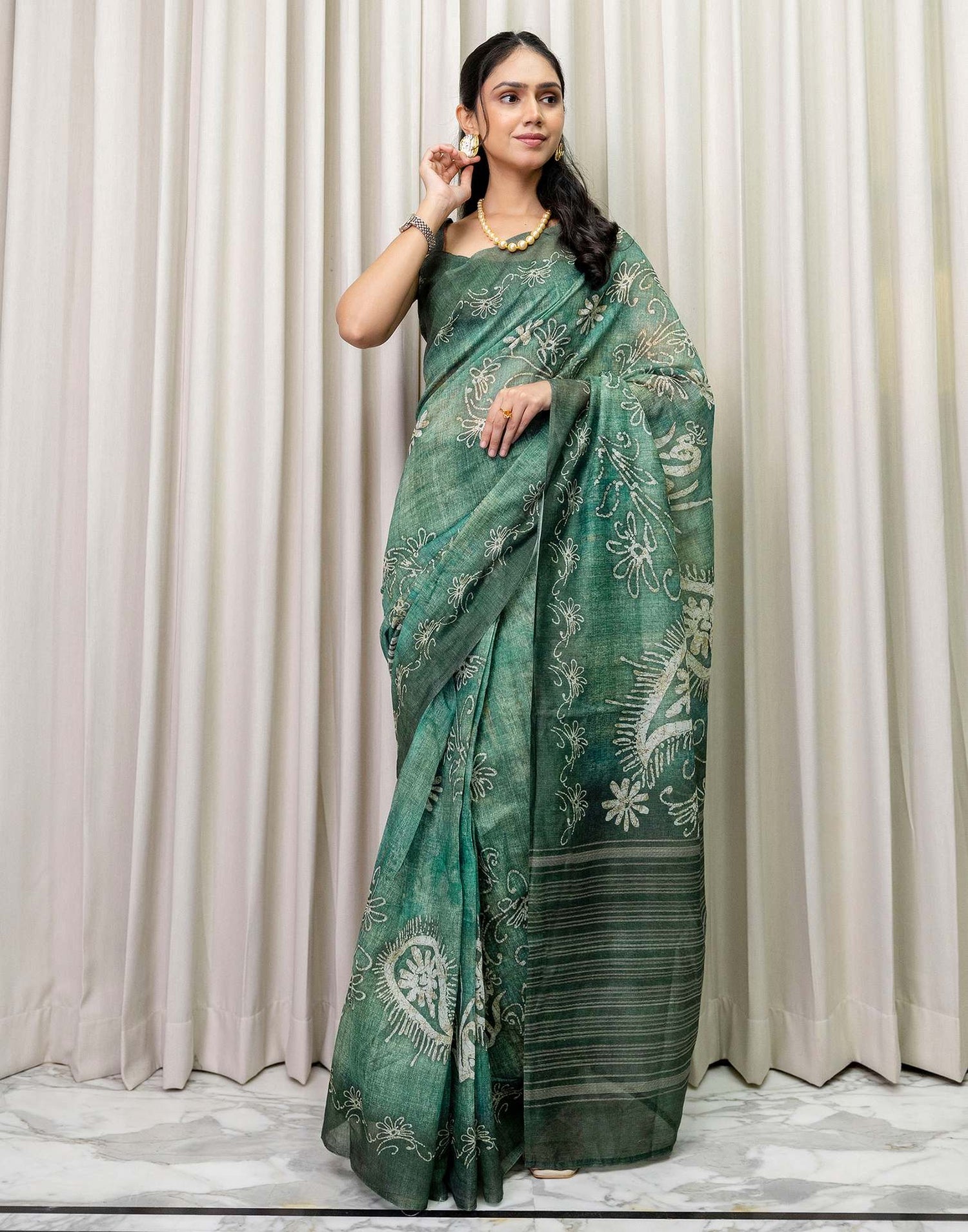 Ready To Wear Dusty Green Cotton Printed Saree