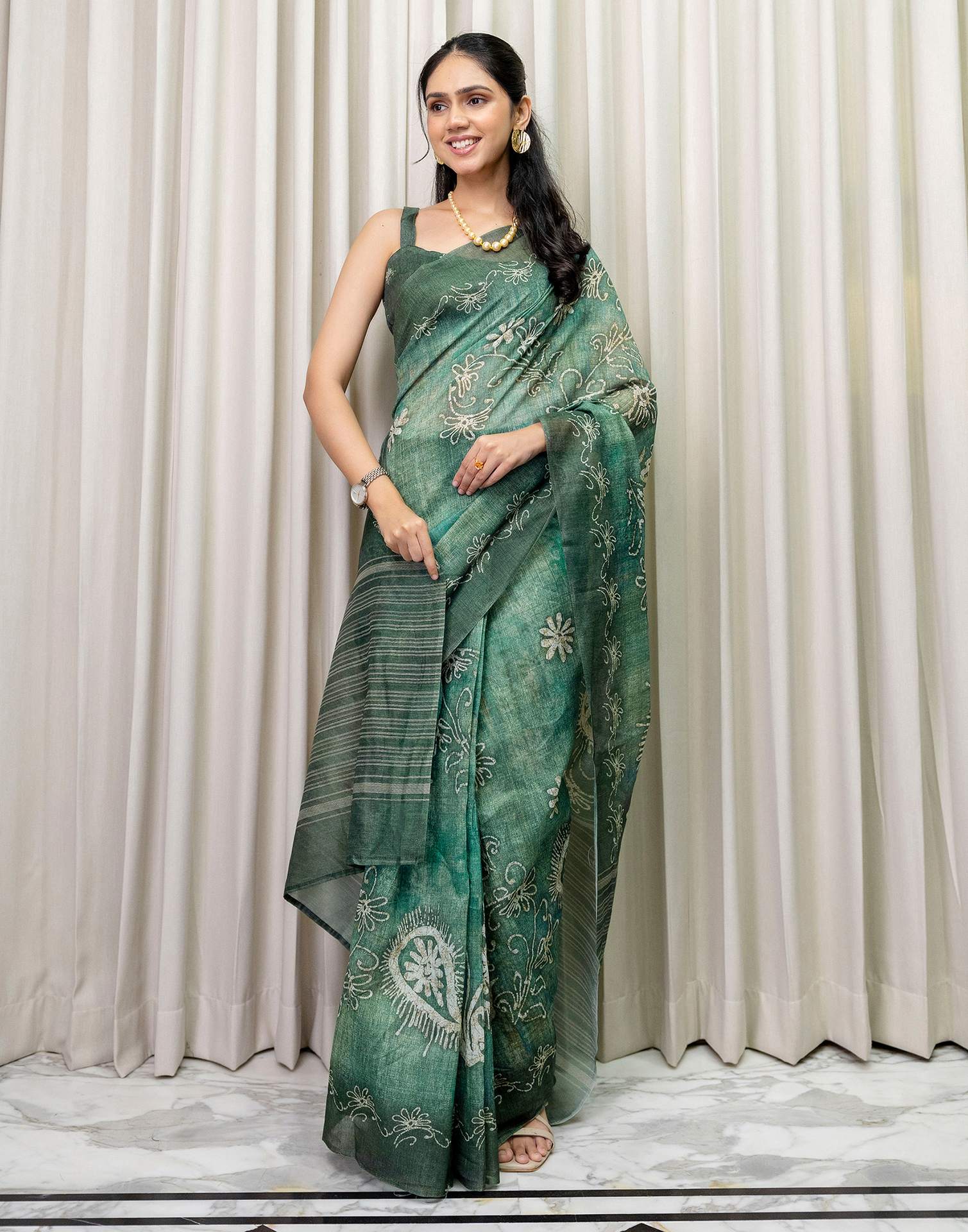 Ready To Wear Dusty Green Cotton Printed Saree