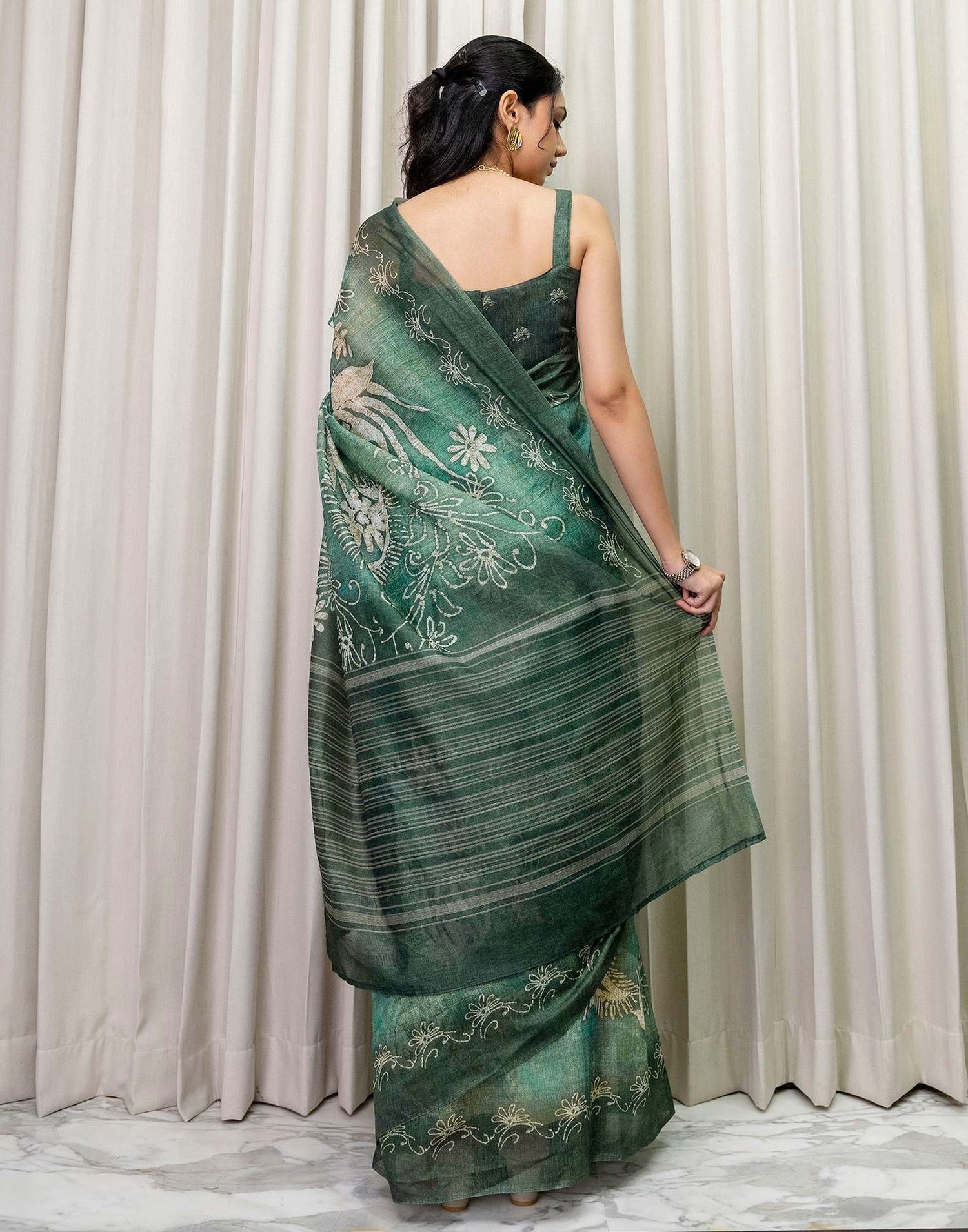 Ready To Wear Dusty Green Cotton Printed Saree