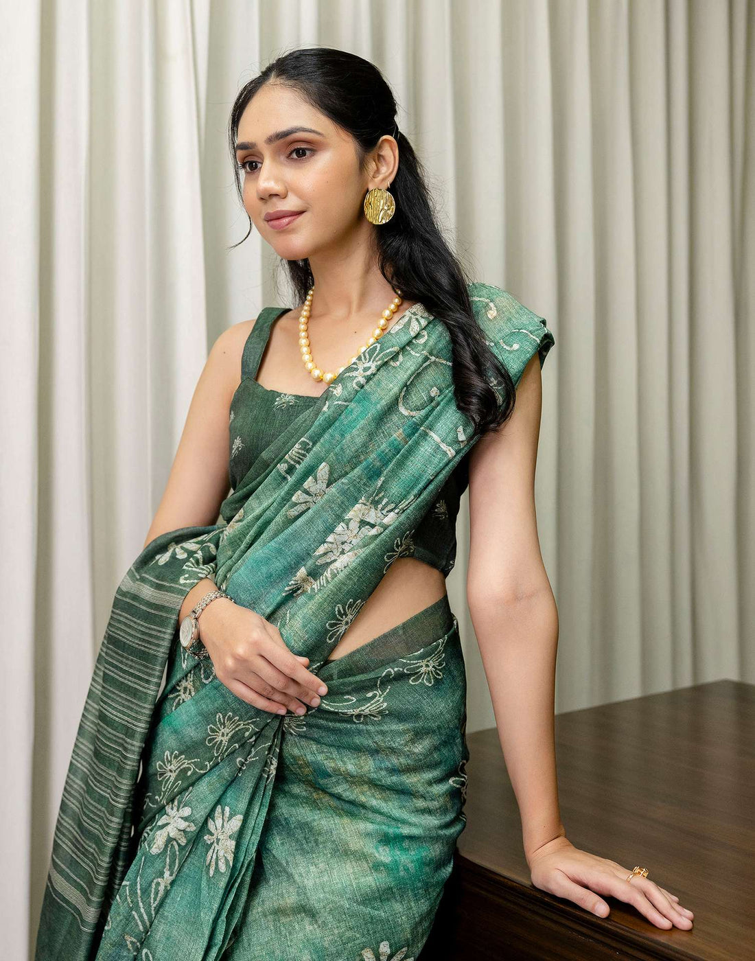 Ready To Wear Dusty Green Cotton Printed Saree