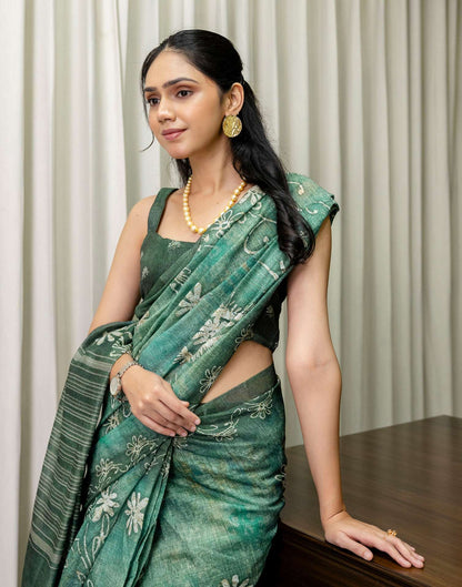 Ready To Wear Dusty Green Cotton Printed Saree