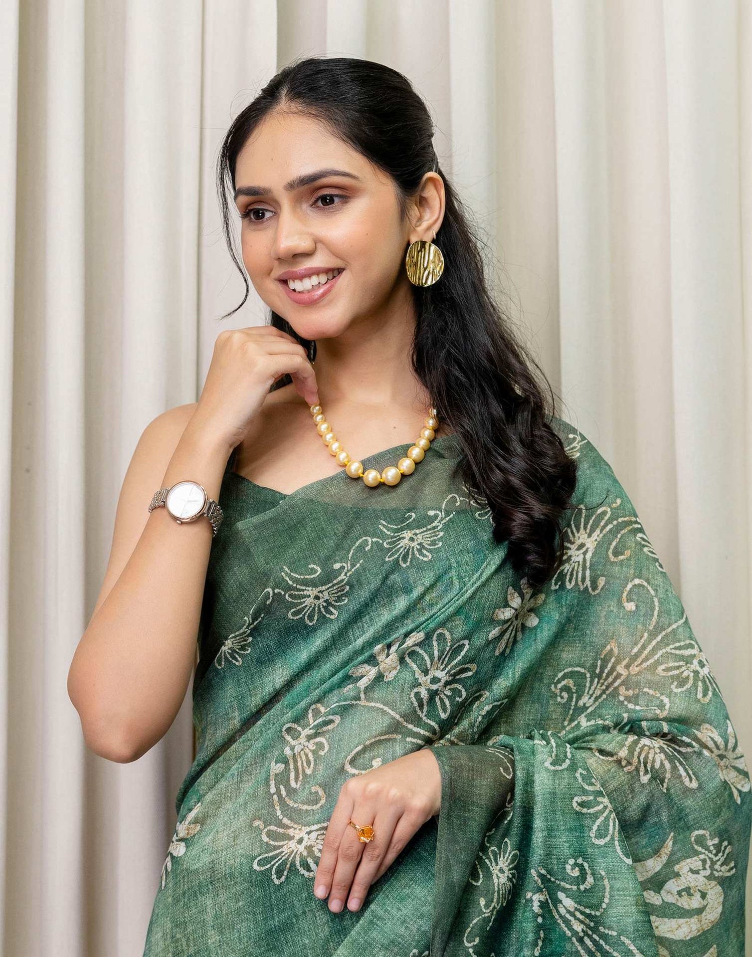 Ready To Wear Dusty Green Cotton Printed Saree