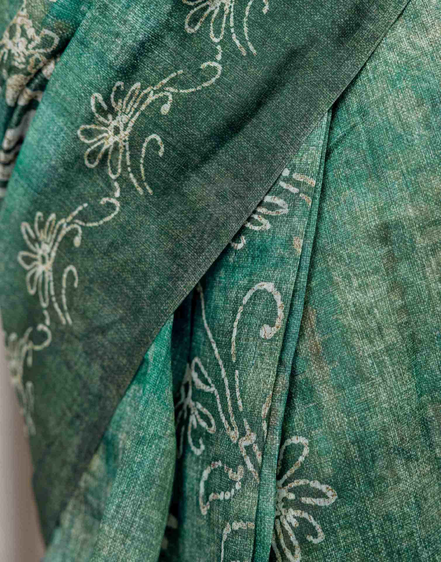 Ready To Wear Dusty Green Cotton Printed Saree