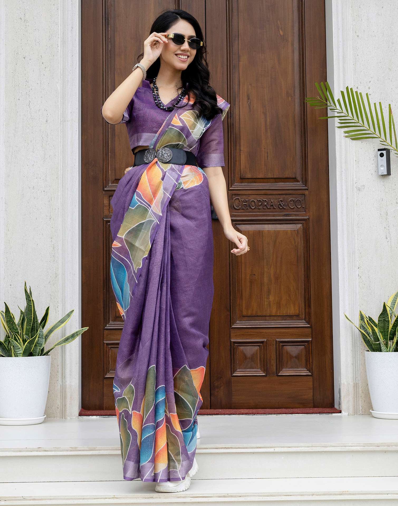 Ready To Wear Violet Cotton Printed Saree