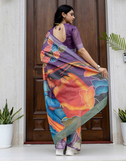 Ready To Wear Violet Cotton Printed Saree