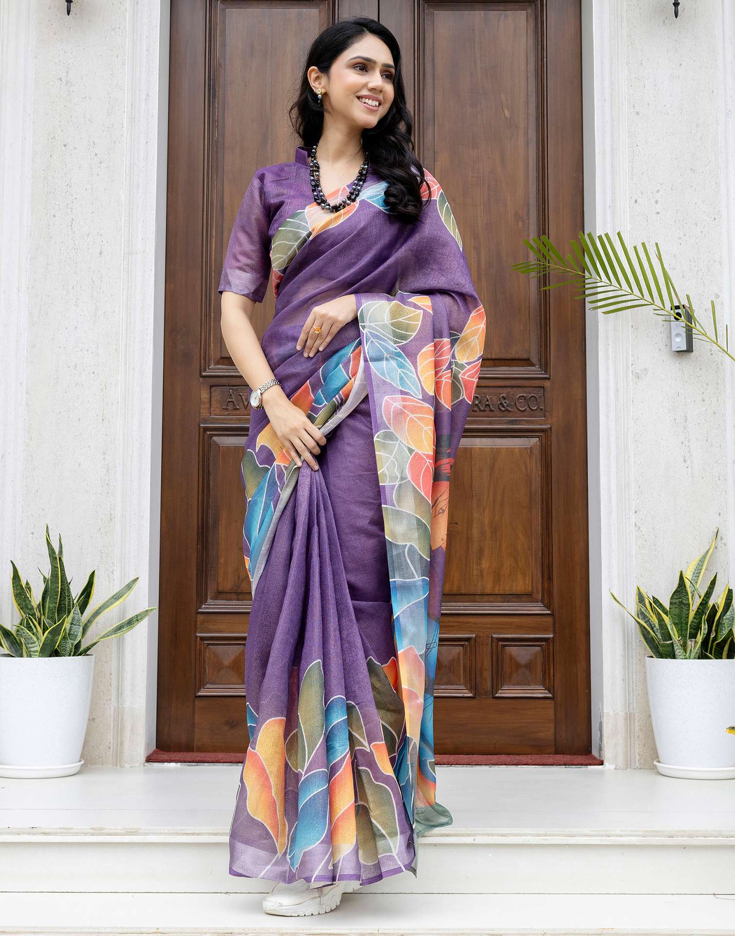 Ready To Wear Violet Cotton Printed Saree