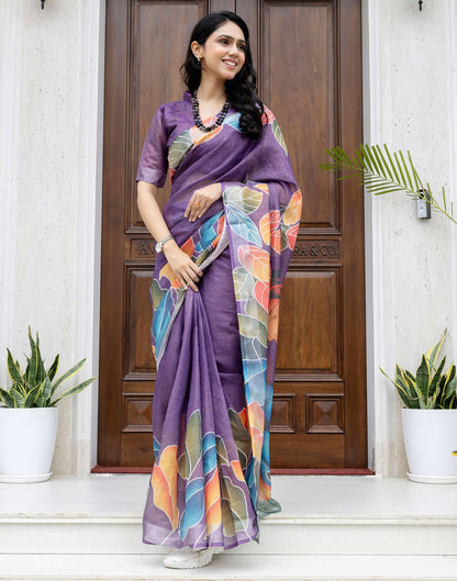 Ready To Wear Violet Cotton Printed Saree