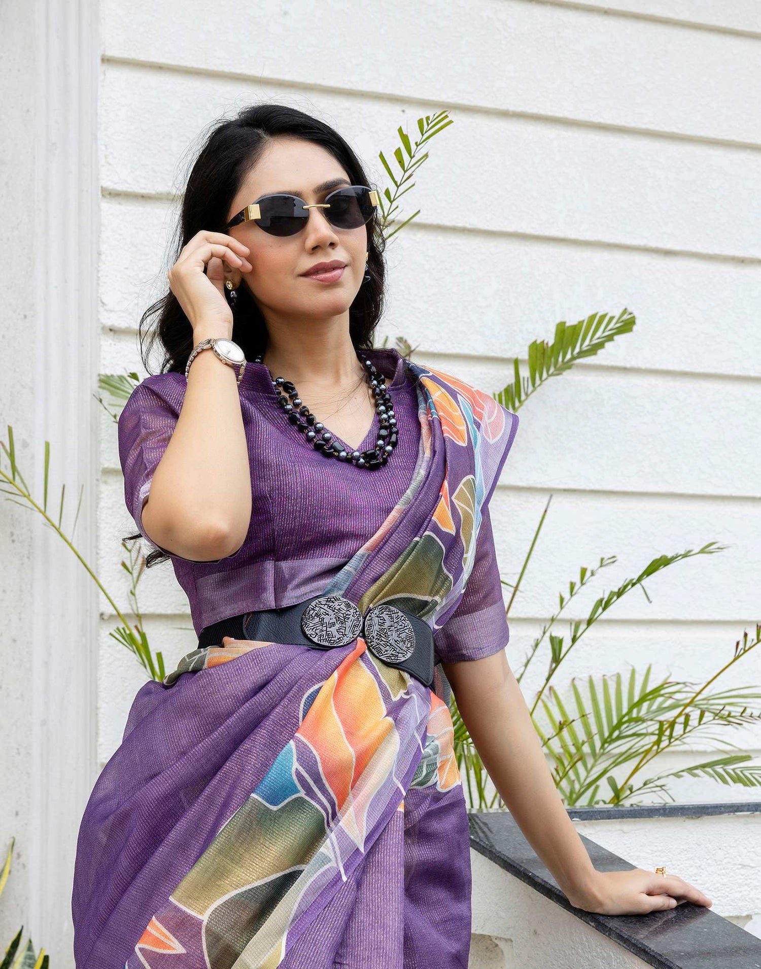 Ready To Wear Violet Cotton Printed Saree