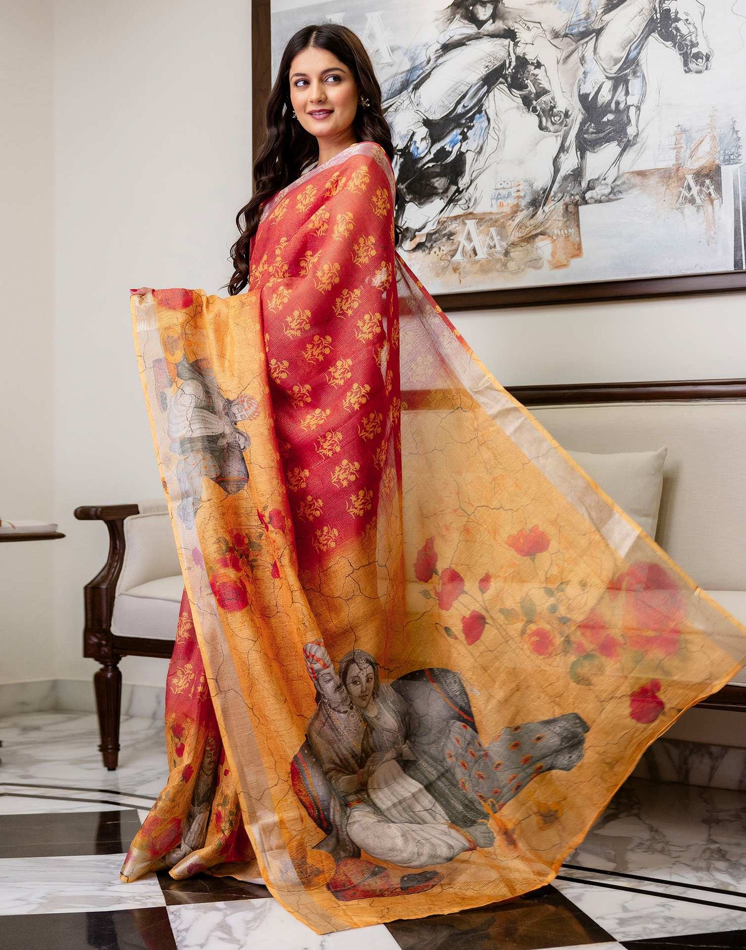 Ready To Wear Dusty Orange Cotton Printed Saree