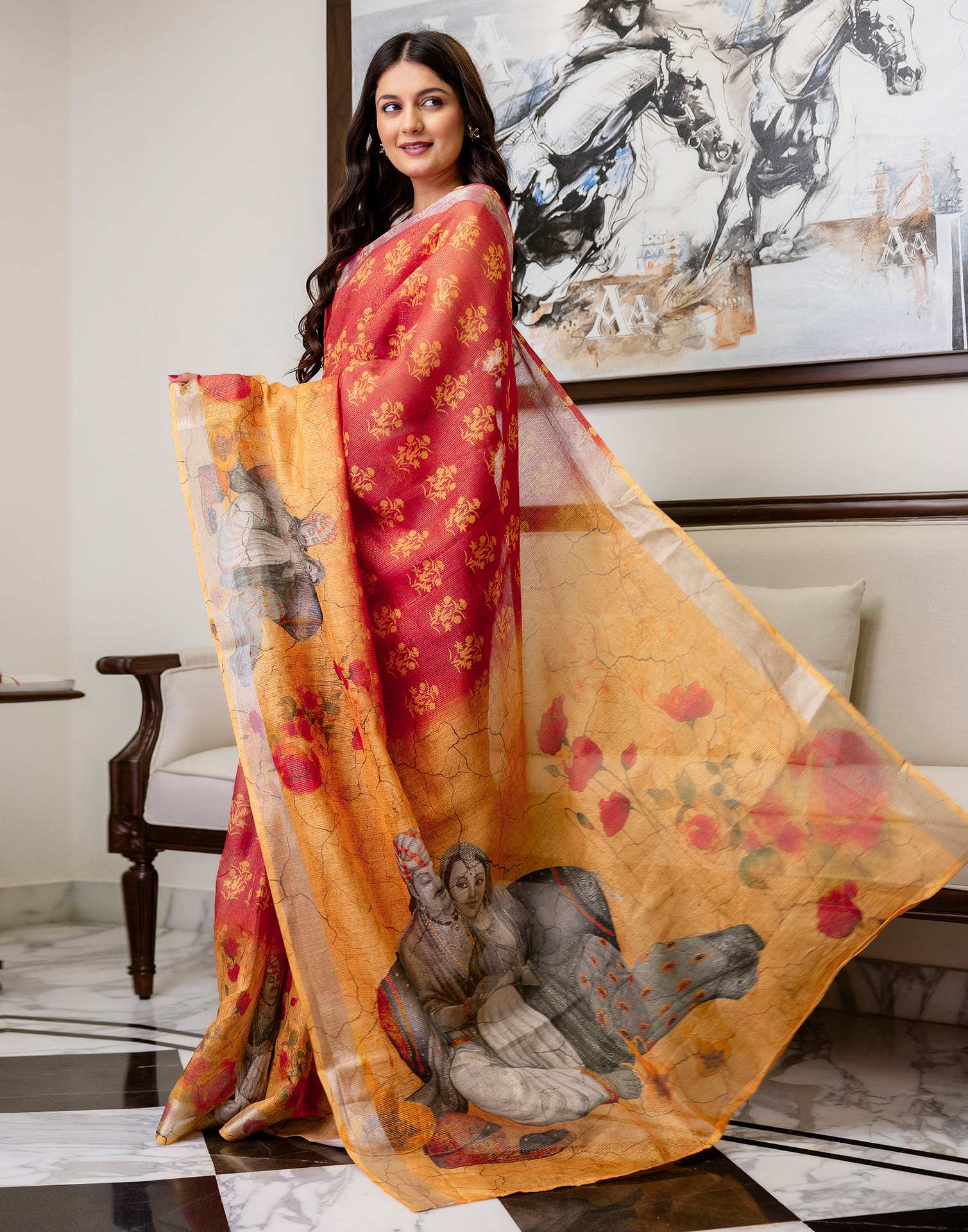 Ready To Wear Dusty Orange Cotton Printed Saree