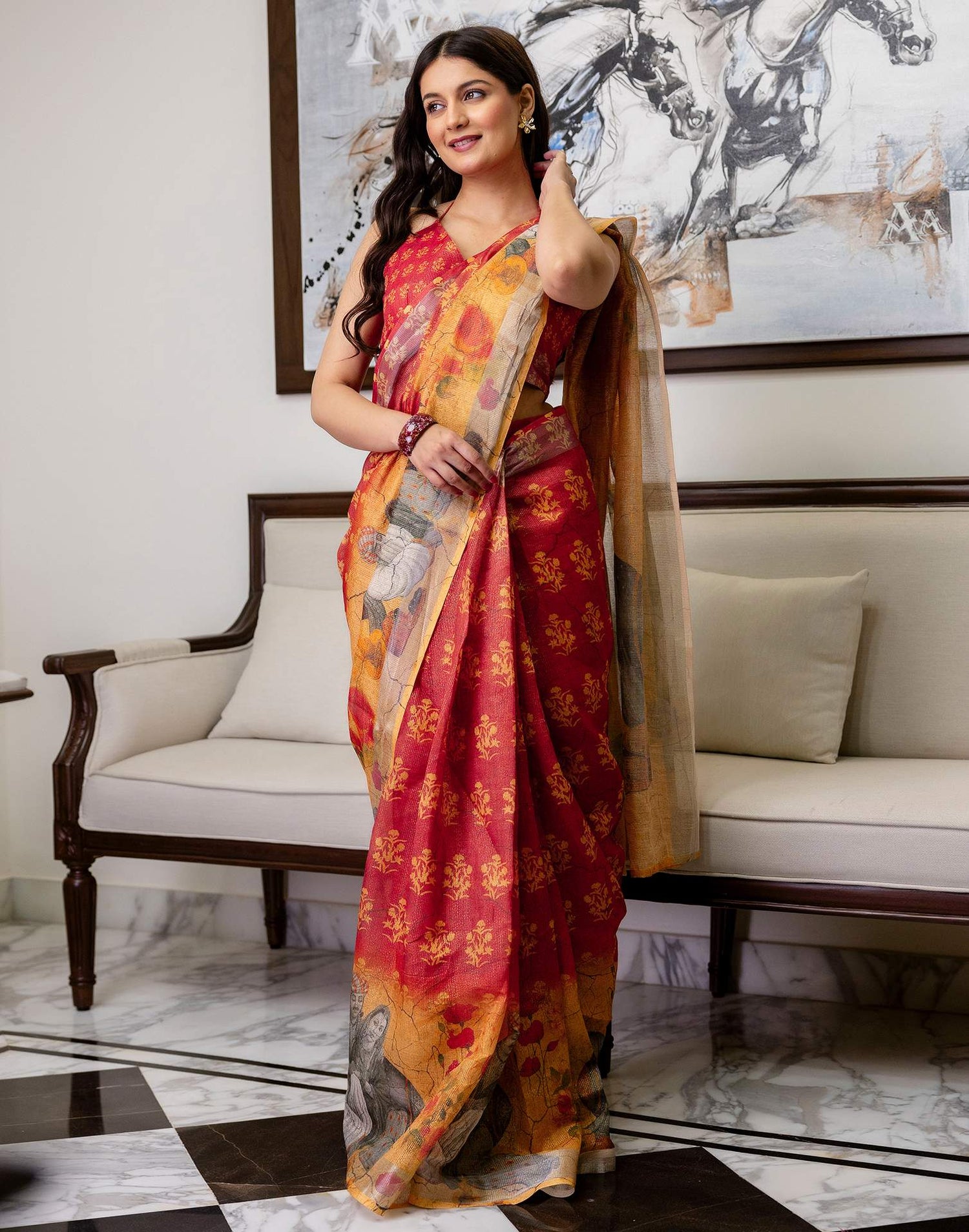 Ready To Wear Dusty Orange Cotton Printed Saree