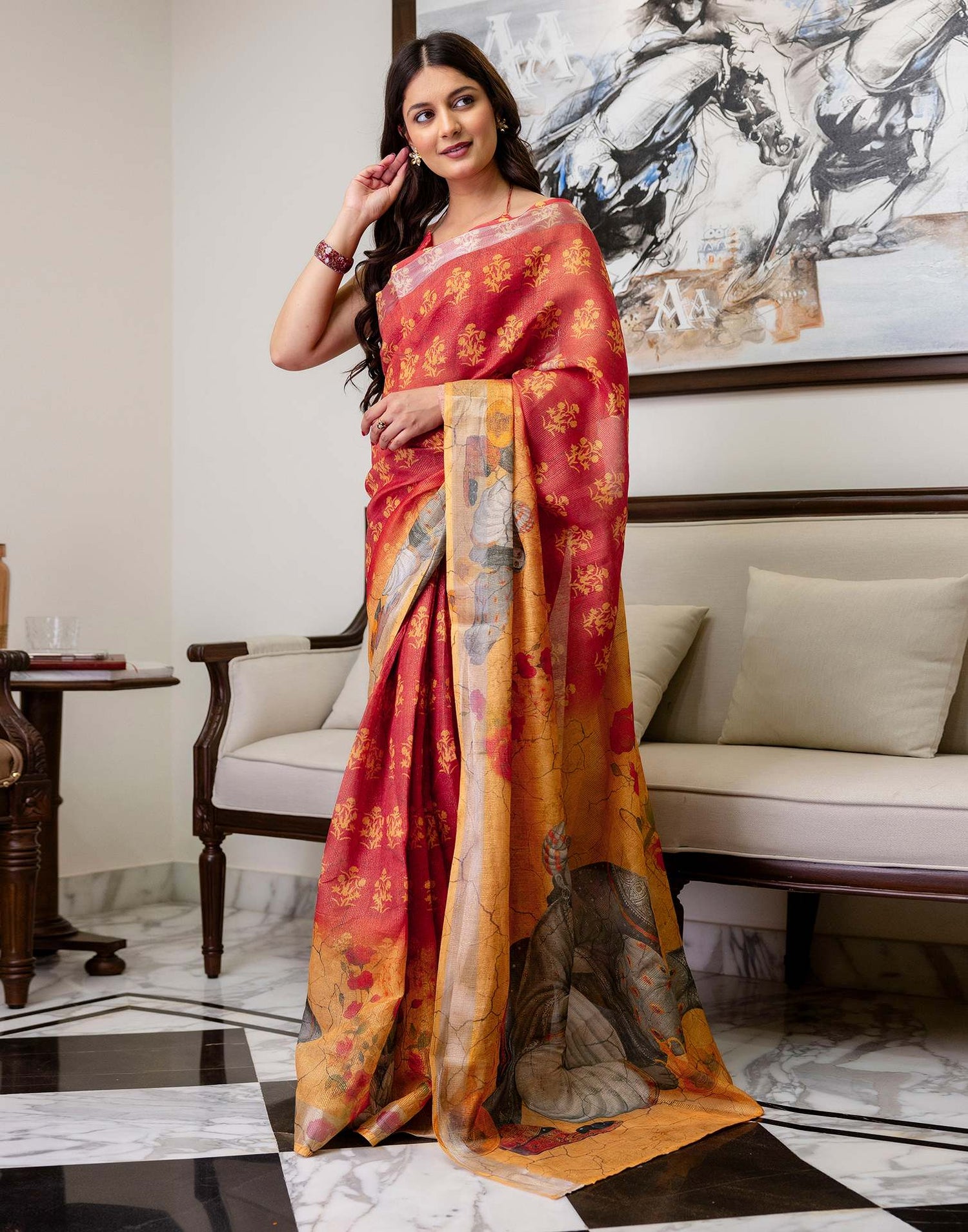 Ready To Wear Dusty Orange Cotton Printed Saree