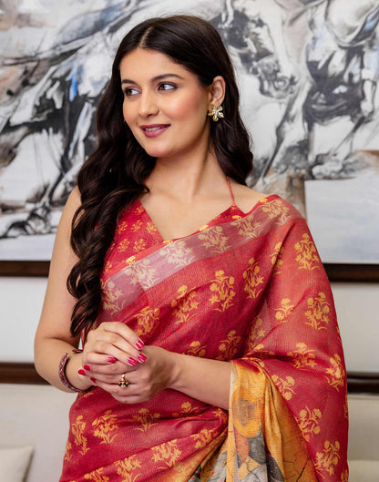 Ready To Wear Dusty Orange Cotton Printed Saree