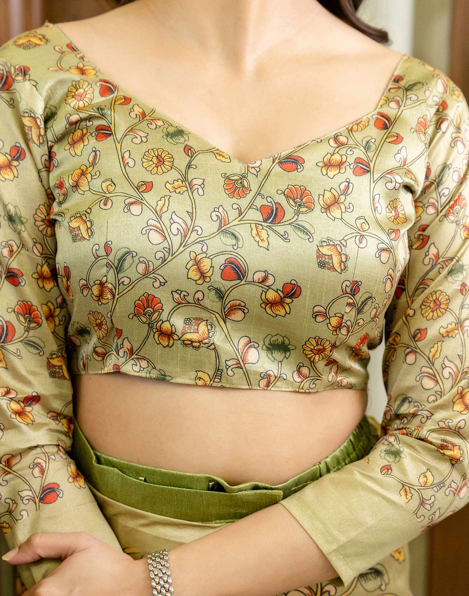 Ready To Wear Pista Green Silk Printed Saree