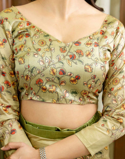 Ready To Wear Pista Green Silk Printed Saree