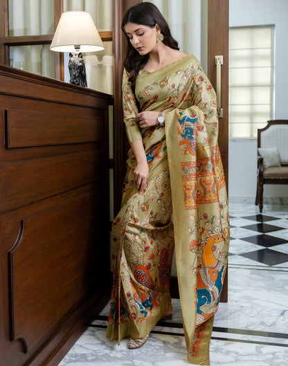 Ready To Wear Pista Green Silk Printed Saree