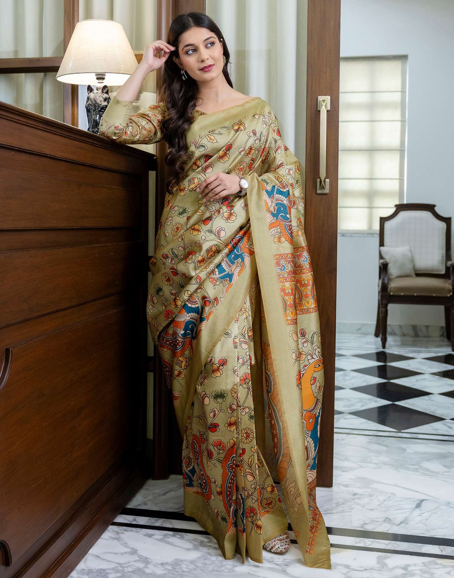 Ready To Wear Pista Green Silk Printed Saree