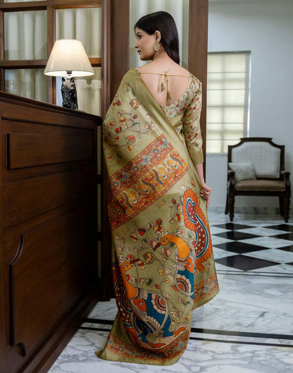 Ready To Wear Pista Green Silk Printed Saree