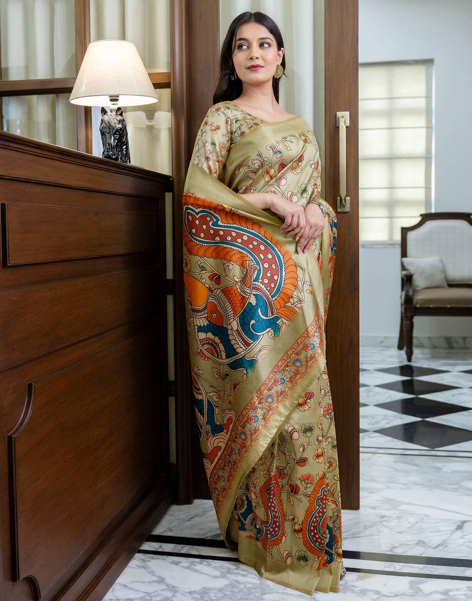 Ready To Wear Pista Green Silk Printed Saree