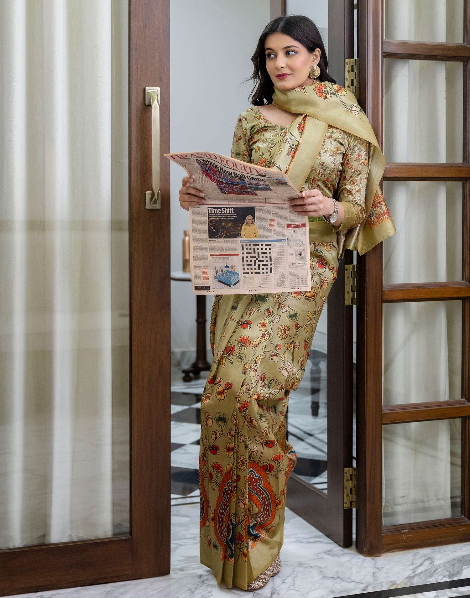 Ready To Wear Pista Green Silk Printed Saree