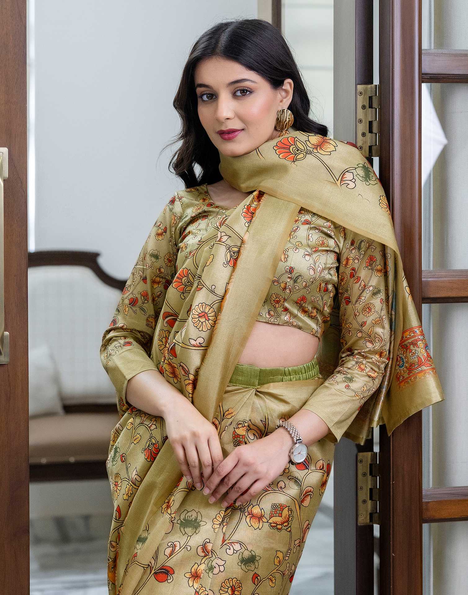 Ready To Wear Pista Green Silk Printed Saree