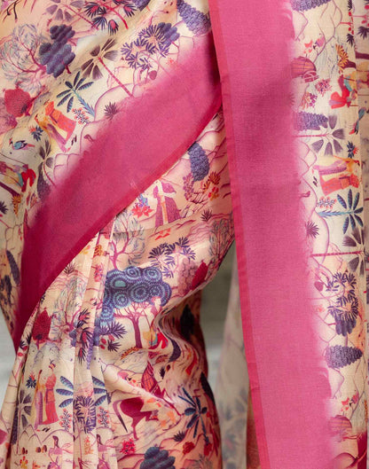 Ready To Wear Peach Silk Madhubani Printed Saree