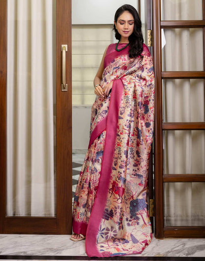Ready To Wear Peach Silk Madhubani Printed Saree