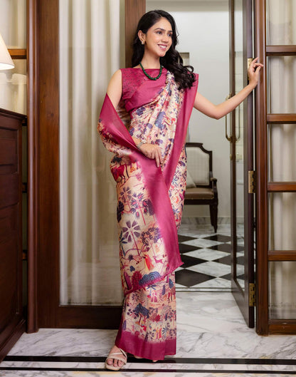 Ready To Wear Peach Silk Madhubani Printed Saree