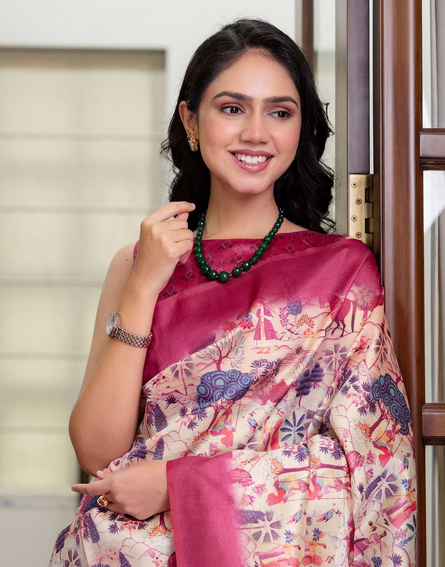 Ready To Wear Peach Silk Madhubani Printed Saree