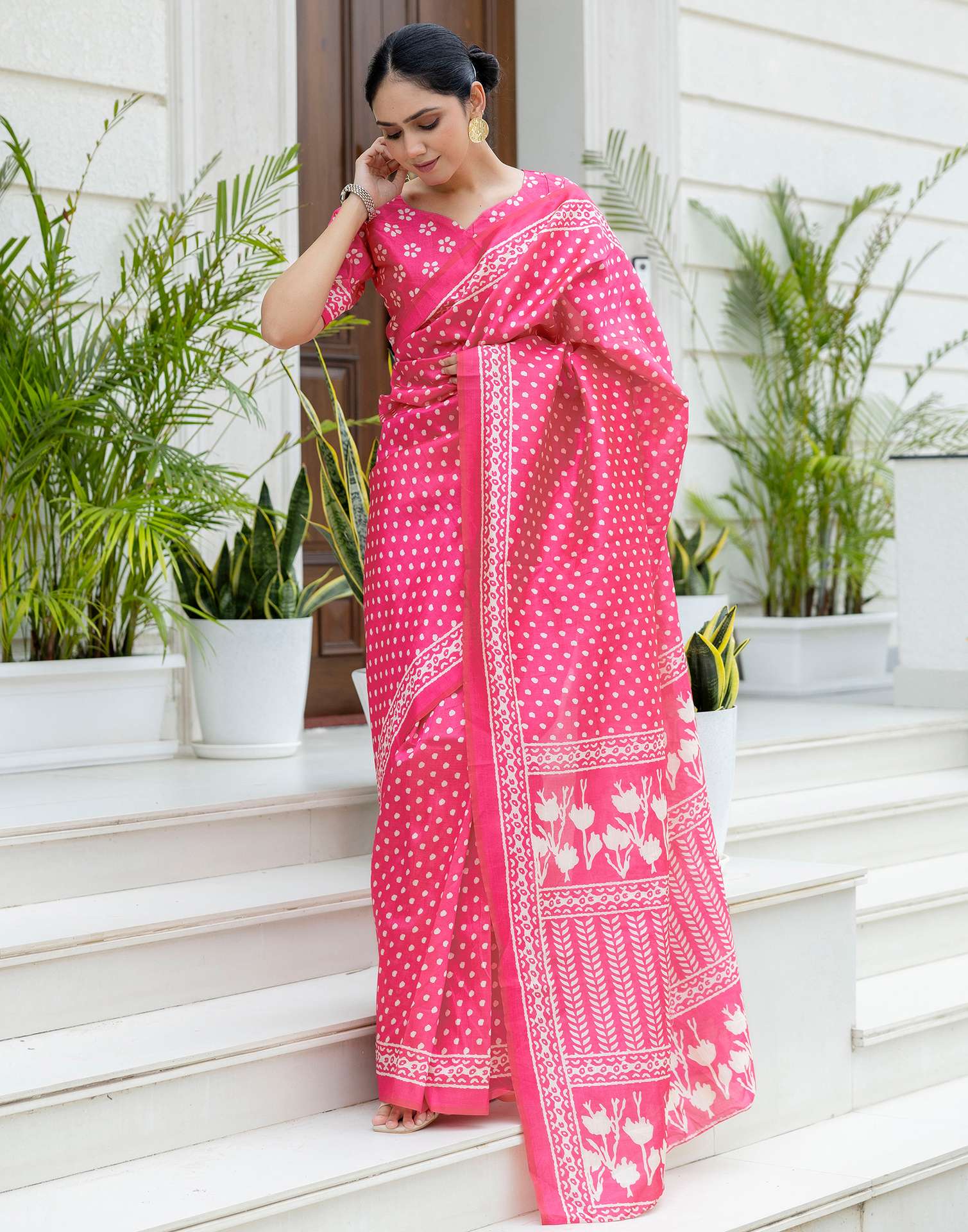 Ready To Wear Pink Silk Printed Saree