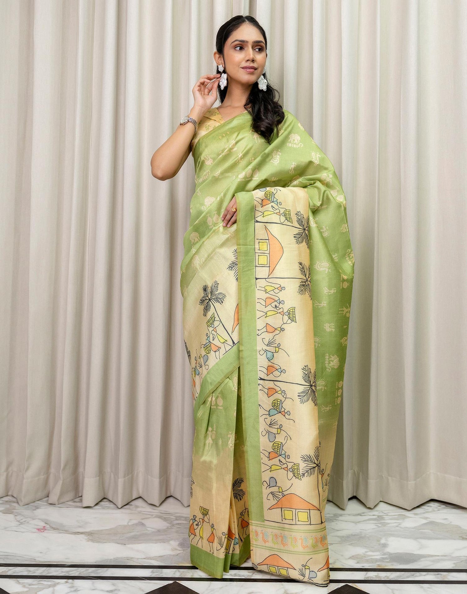 Ready To Wear Parrot green Silk Printed Saree