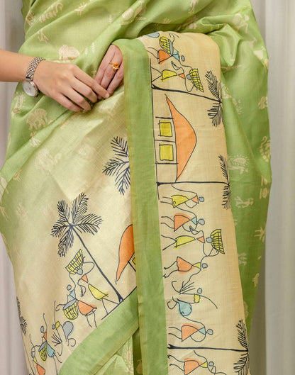 Ready To Wear Parrot green Silk Printed Saree