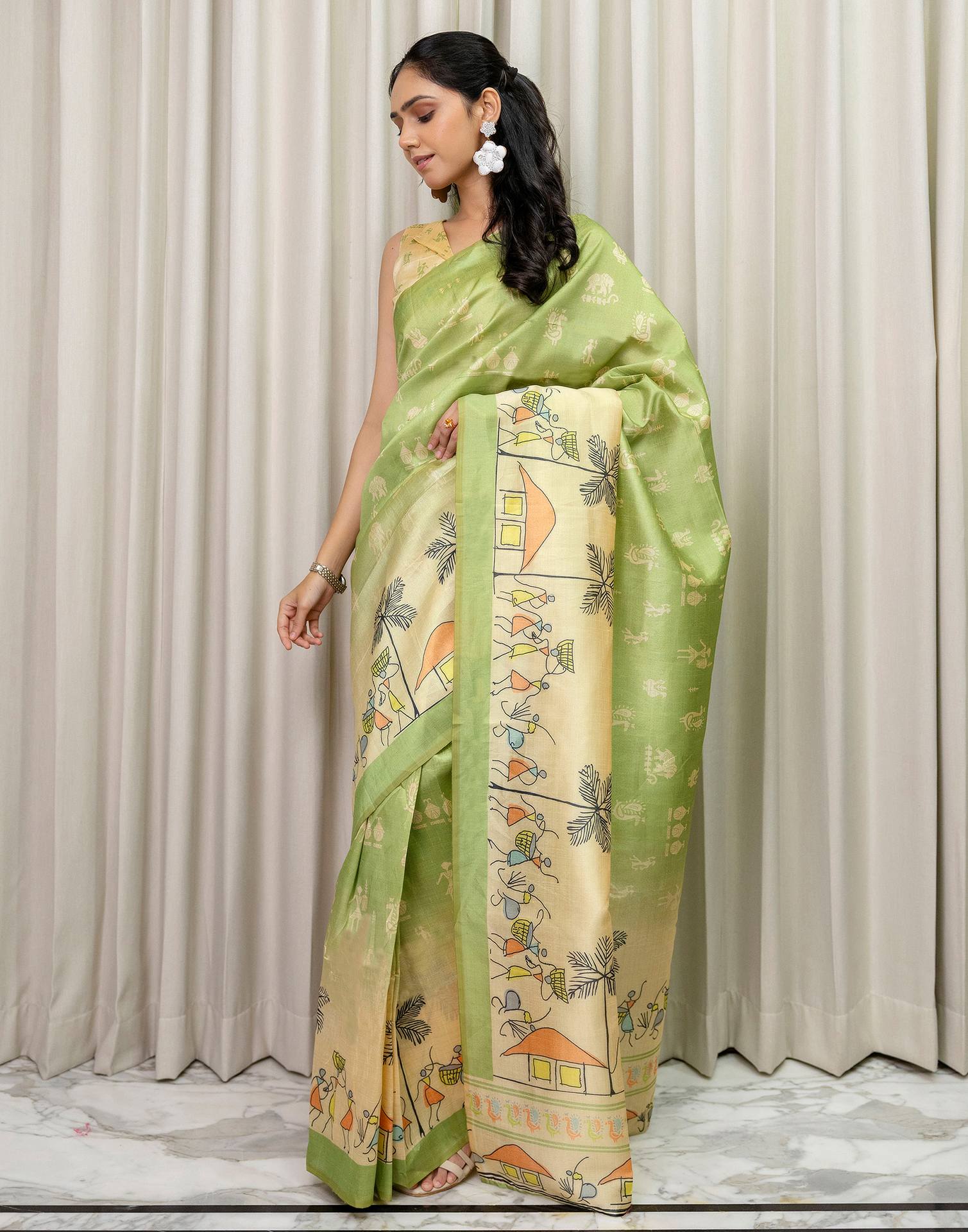 Ready To Wear Parrot green Silk Printed Saree