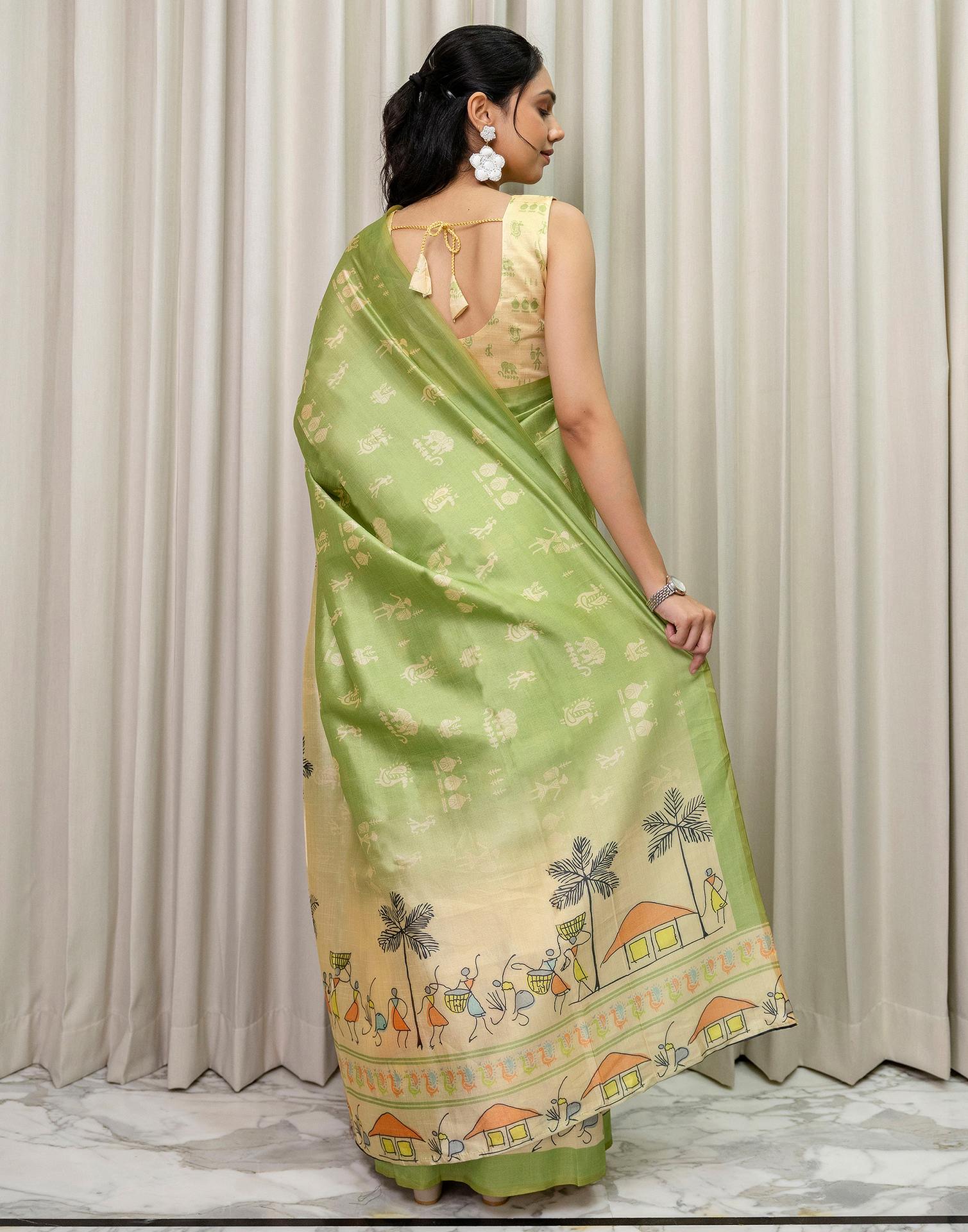 Ready To Wear Parrot green Silk Printed Saree