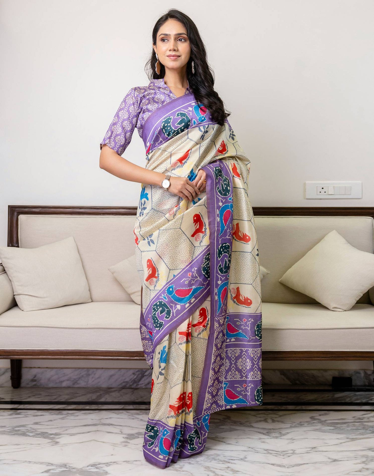 Ready To Wear Off White Silk Printed Saree