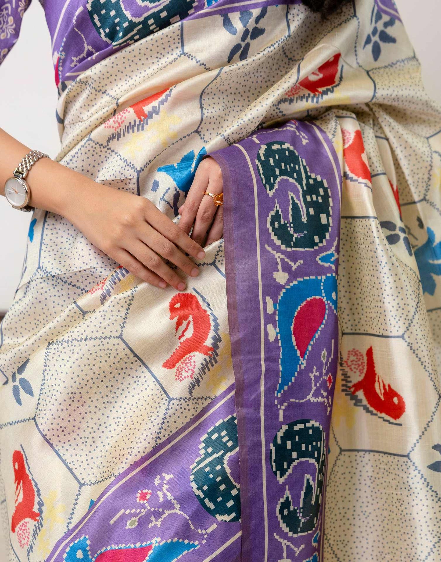 Ready To Wear Off White Silk Printed Saree