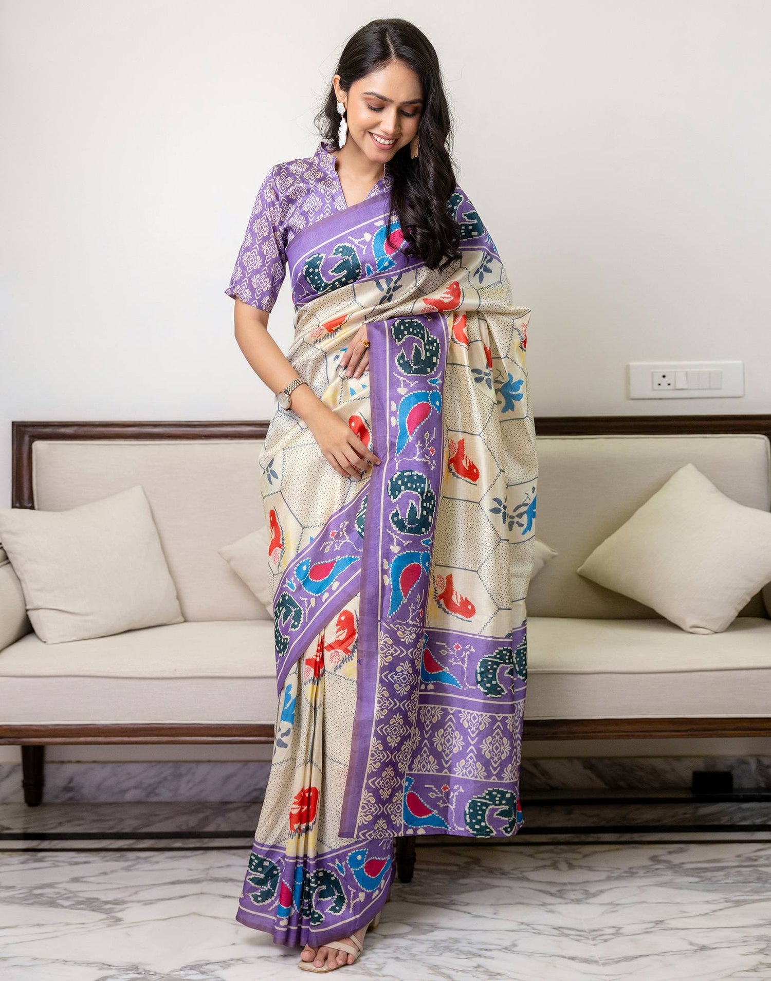 Ready To Wear Off White Silk Printed Saree