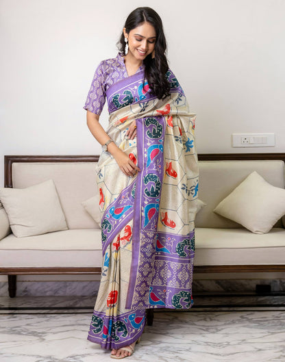 Ready To Wear Off White Silk Printed Saree