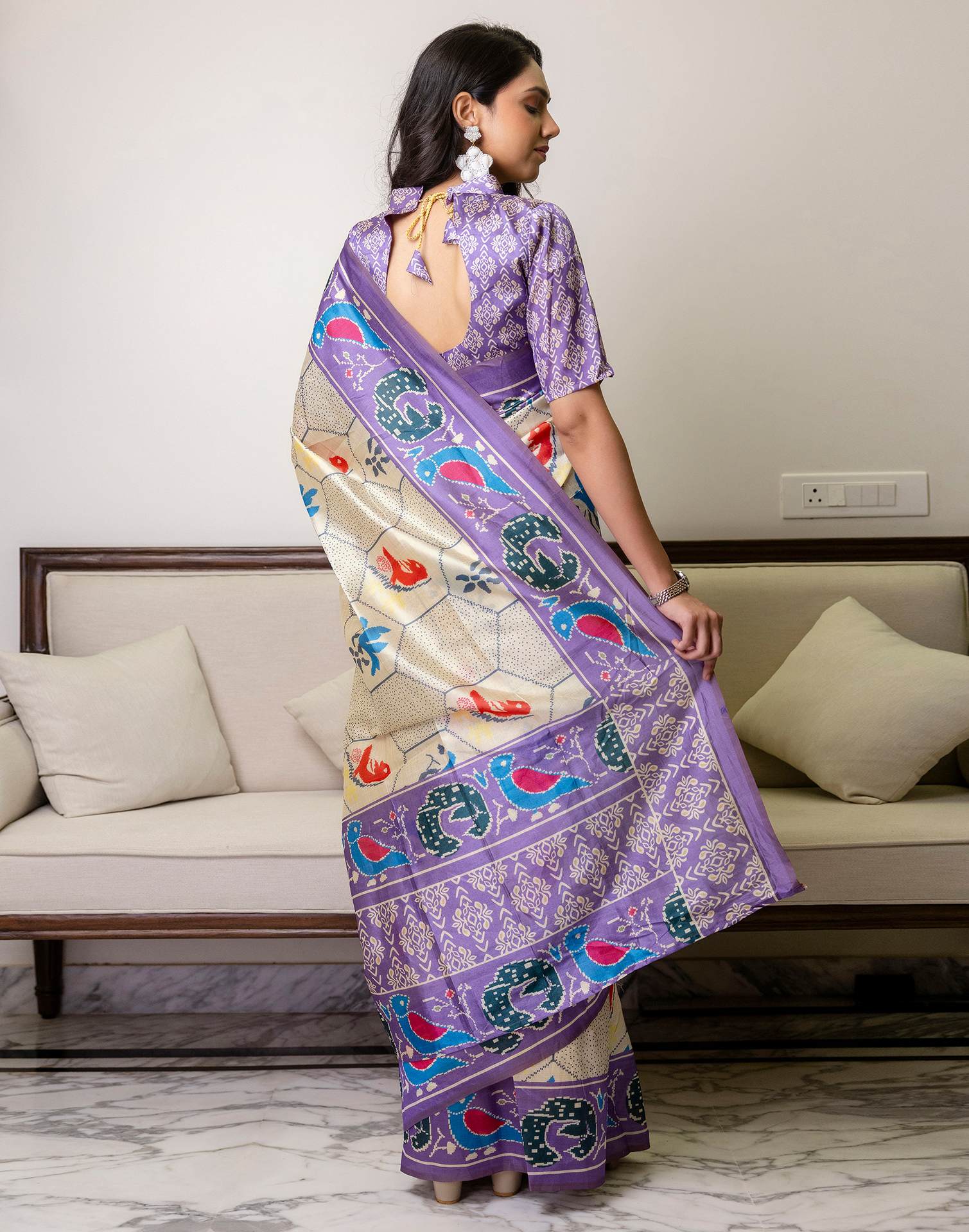 Ready To Wear Off White Silk Printed Saree