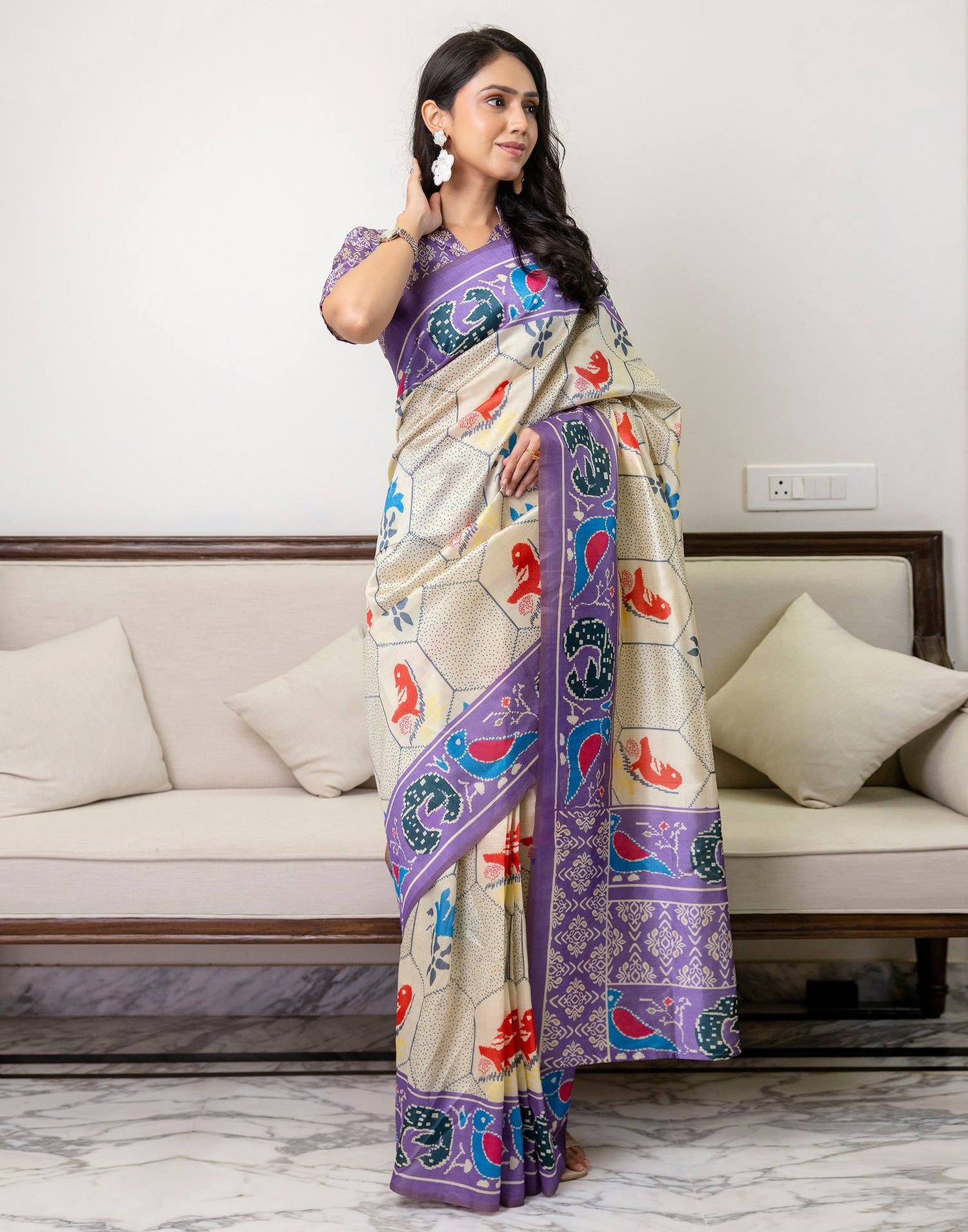 Ready To Wear Off White Silk Printed Saree
