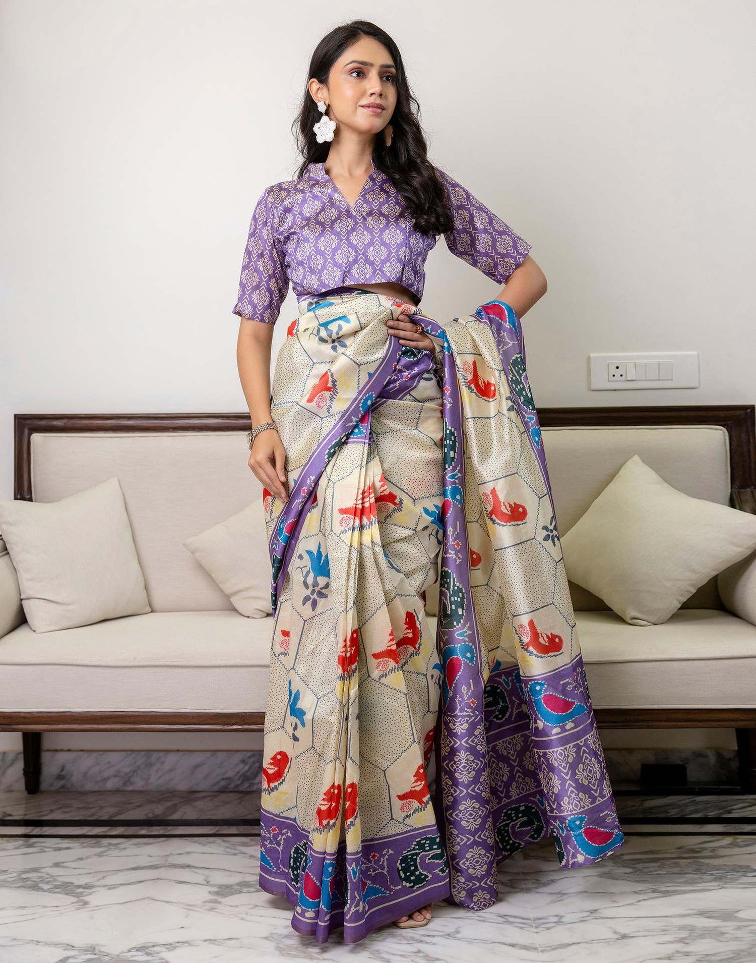 Ready To Wear Off White Silk Printed Saree