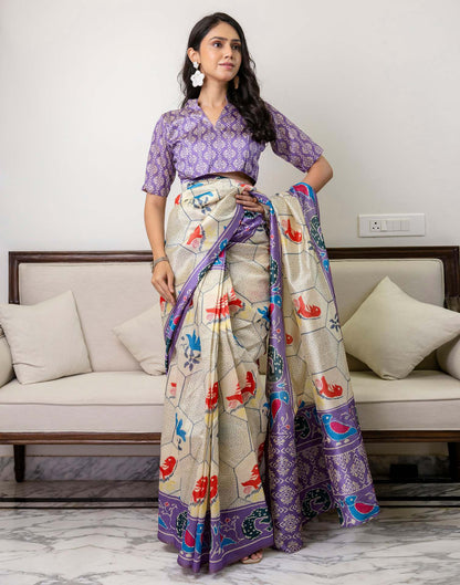 Ready To Wear Off White Silk Printed Saree
