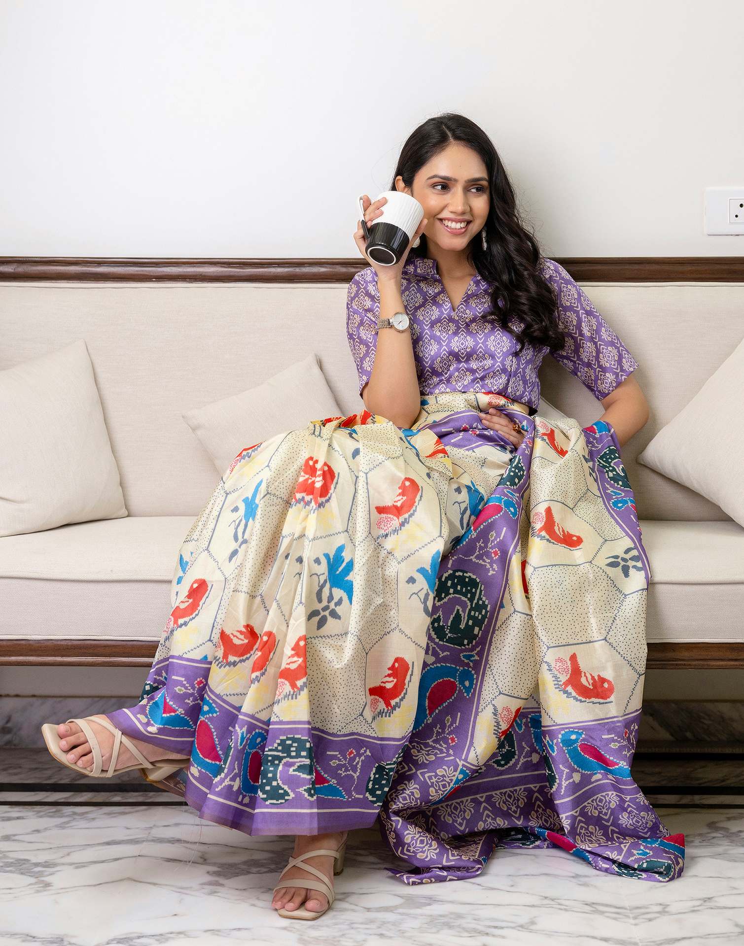 Ready To Wear Off White Silk Printed Saree