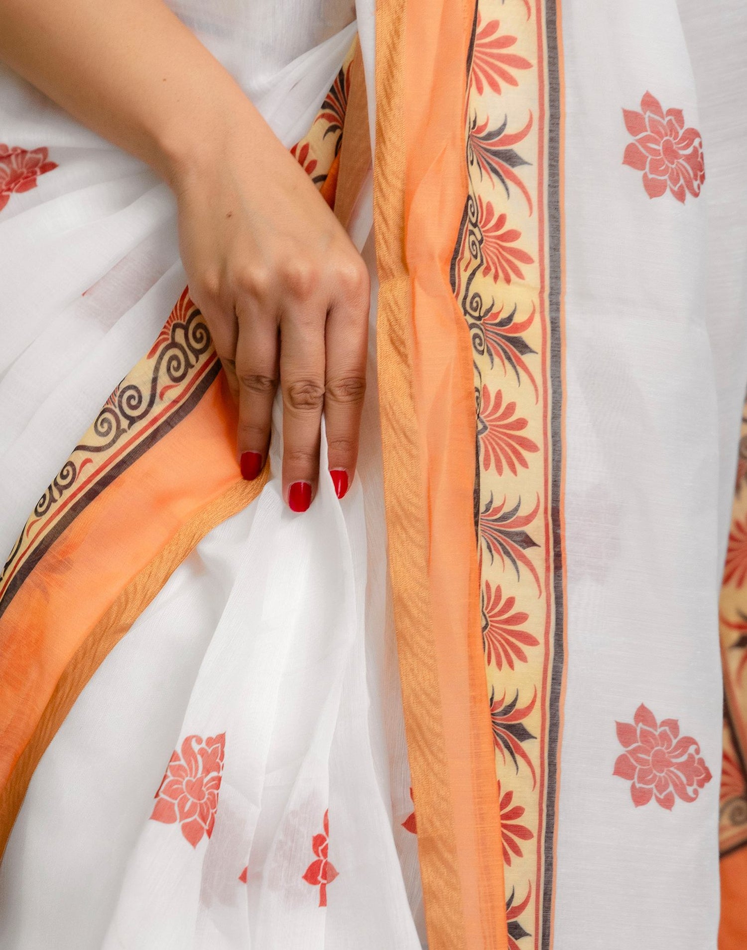 Ready To Wear White Linen Printed Saree