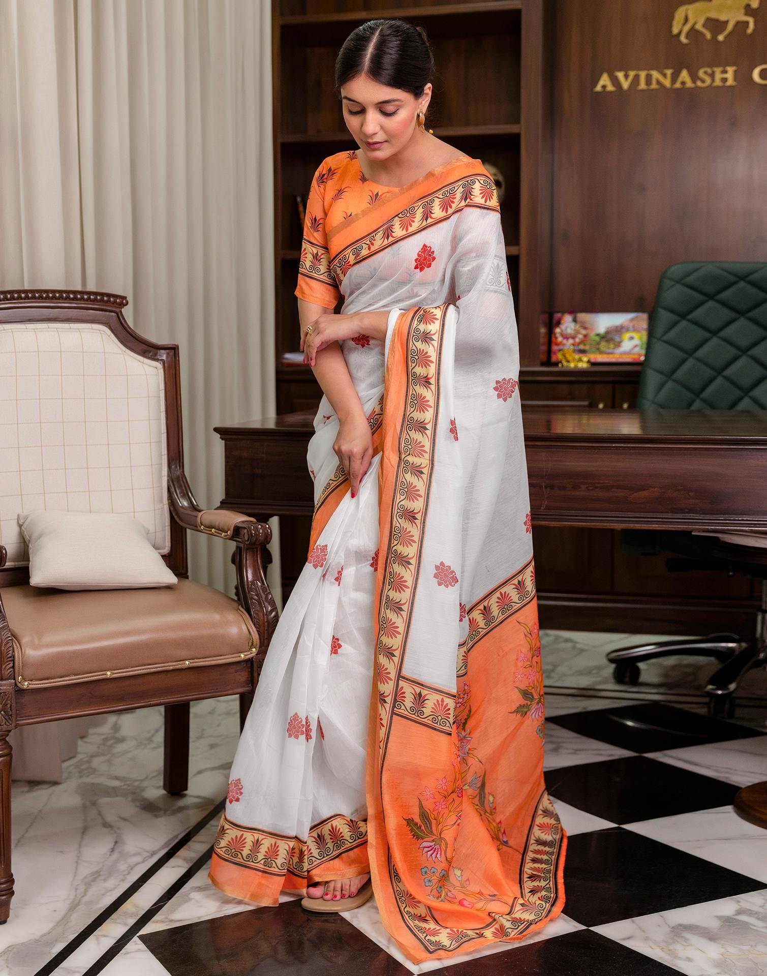Ready To Wear White Linen Printed Saree