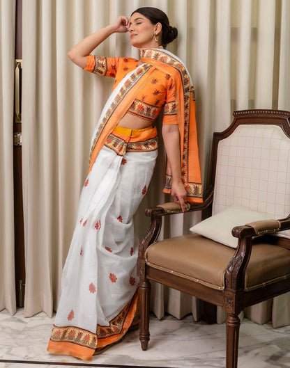 Ready To Wear White Linen Printed Saree