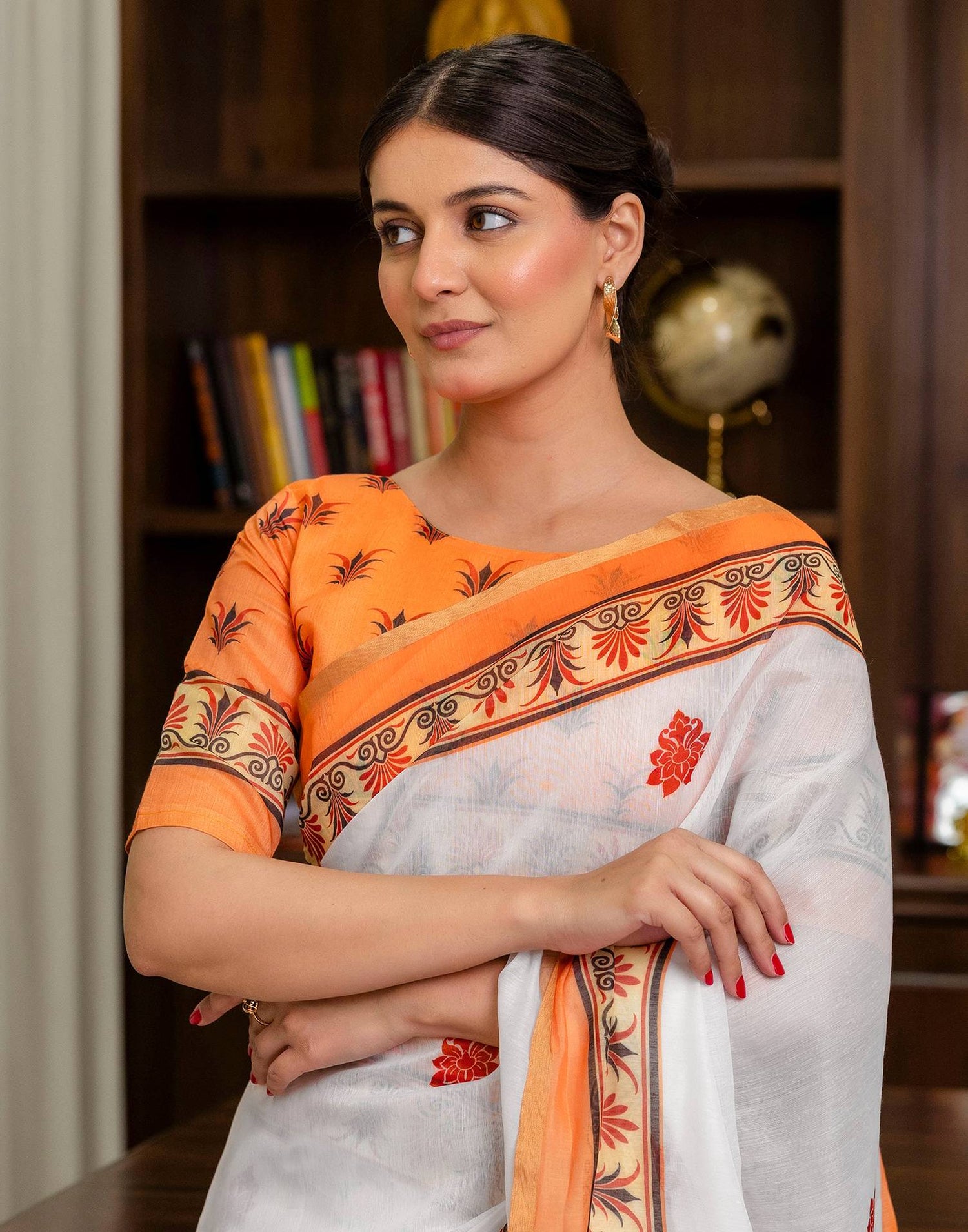 Ready To Wear White Linen Printed Saree