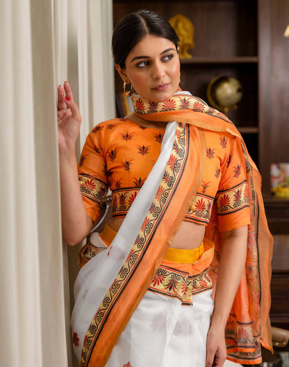 Ready To Wear White Linen Printed Saree