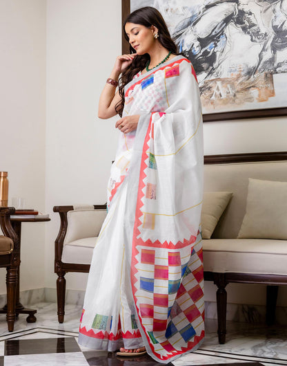 Ready To Wear White Linen Printed Saree